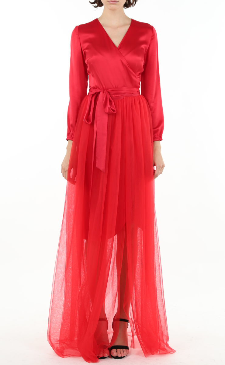 Red chiffon wrap dress sales